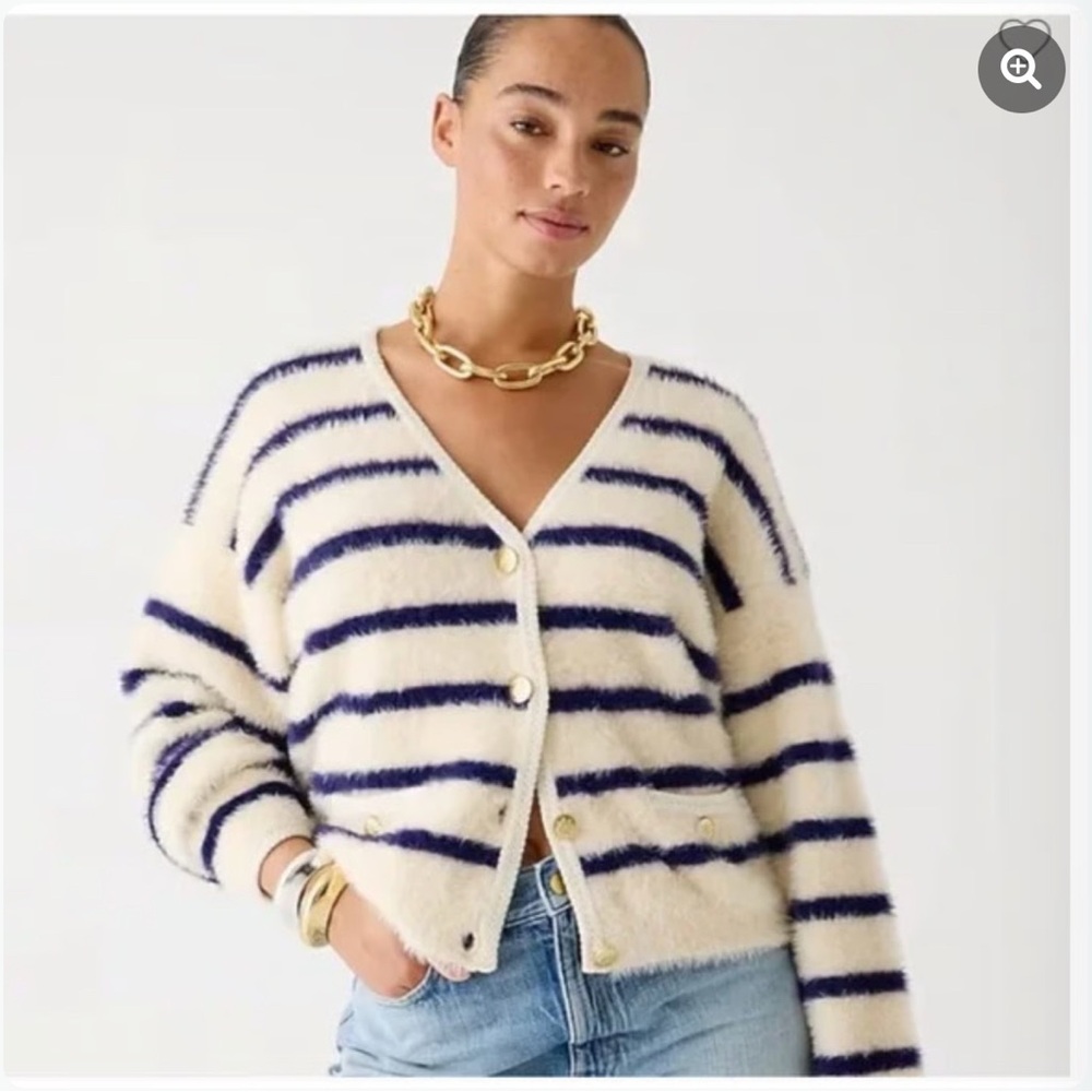J. Crew Sweater Lady Jacket Cream and Navy Striped Brushed Yarn - Picture 4 of 5